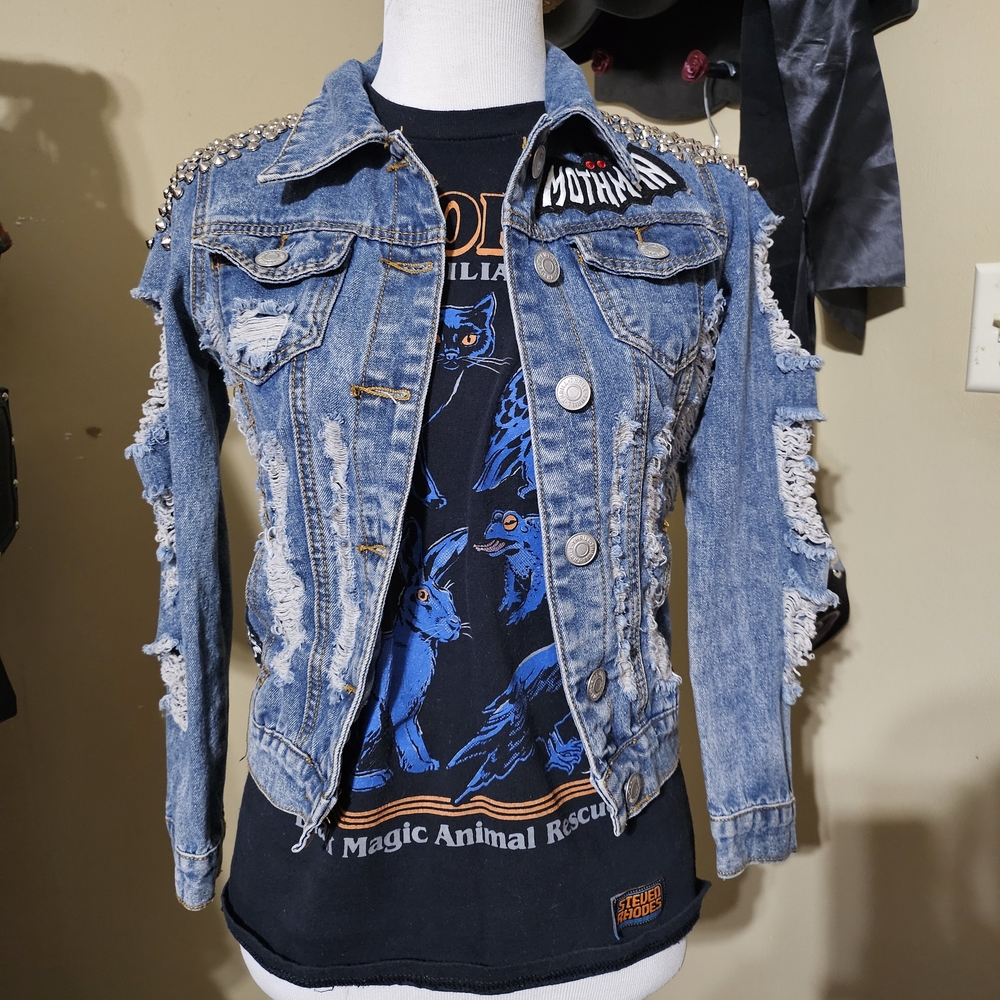 Custom Mothman Studded Denim Distressed Jacket